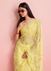 Embroidered saree in yellow colour
